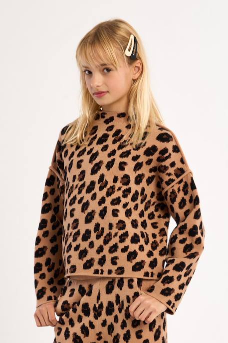 Pull en maille, imprimé animalier - fille Camel+Dark grey 1 - vertbaudet enfant 