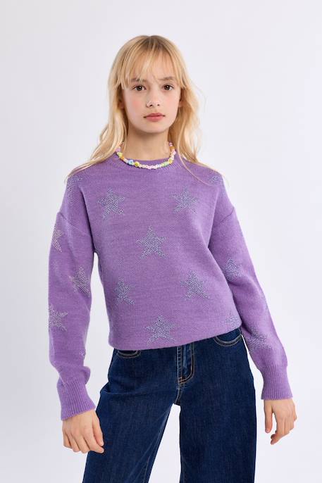 Pull en maille à motifs étoiles - fille Mauve+Noir+Purple 16 - vertbaudet enfant 