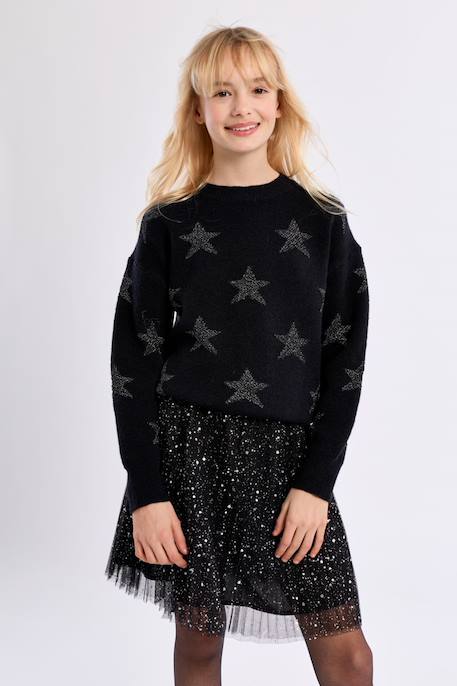 Pull en maille à motifs étoiles - fille Mauve+Noir+Purple 7 - vertbaudet enfant 