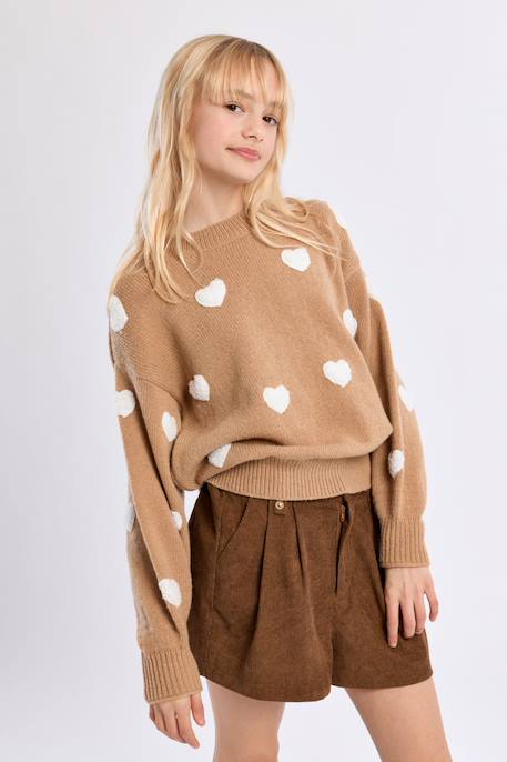 Pull en maille, motif cœur texturé - fille Beige 3 - vertbaudet enfant 