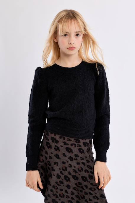 Pull en maille, épaules froncées - fille Noir+Offwhite 1 - vertbaudet enfant 