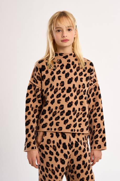 Pull en maille, imprimé animalier - fille Camel+Dark grey 4 - vertbaudet enfant 