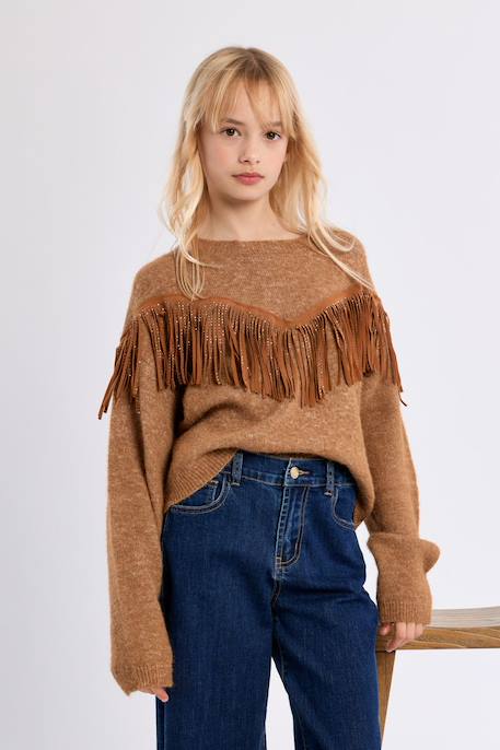 Pull en maille, détail franges - fille Camel 5 - vertbaudet enfant 