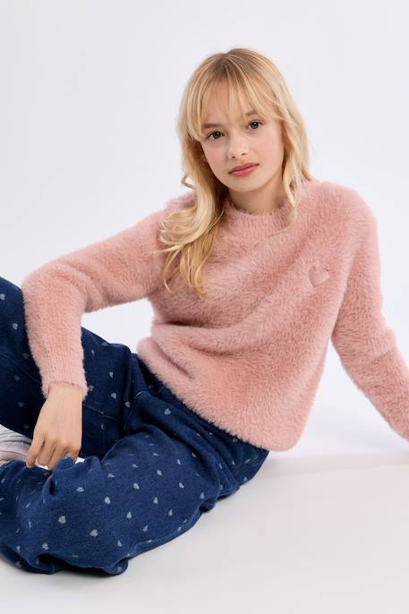 Pull duveteux, cœur brodé - fille Old pink 1 - vertbaudet enfant 