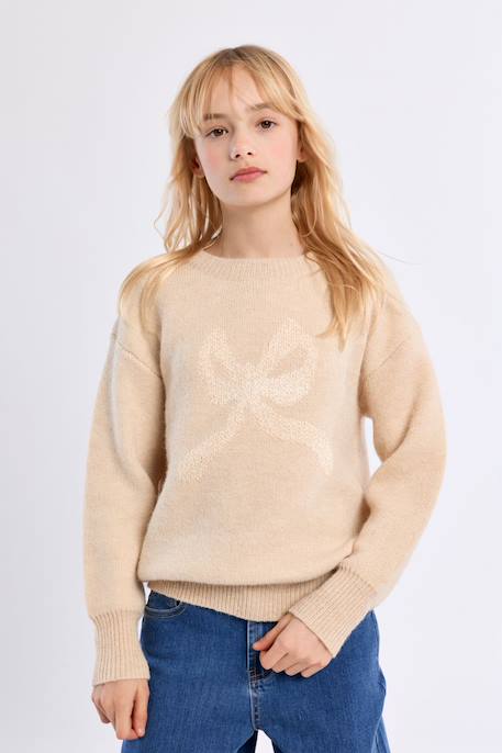 Pull en maille, motif nœud - fille Beige+Khaki 4 - vertbaudet enfant 