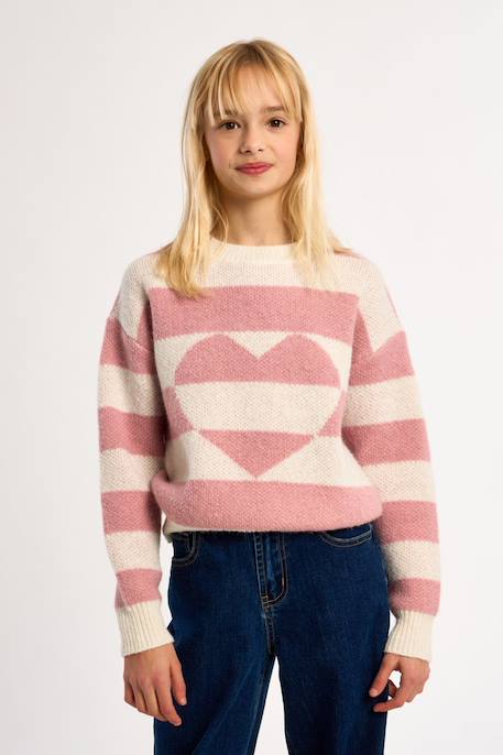 Pull à rayures, motif cœur - fille Rose 5 - vertbaudet enfant 