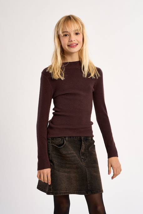 Pull en maille, col rond - fille Chocolate+Noir 3 - vertbaudet enfant 
