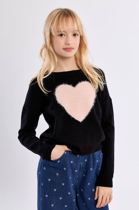 Pull en maille, motif cœur - fille Noir+Offwhite 5 - vertbaudet enfant 