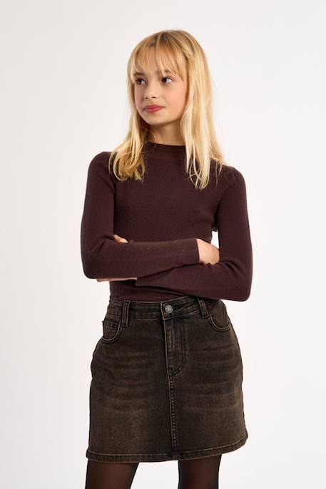 Pull en maille, col rond - fille Chocolate+Noir 1 - vertbaudet enfant 