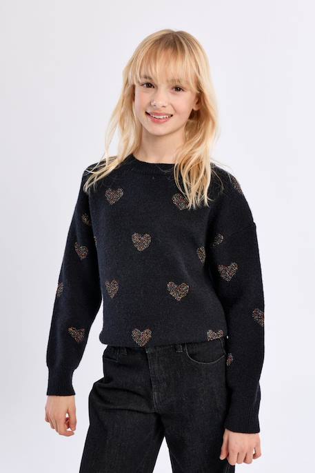 Pull en maille, imprimé cœurs Noir+Rose 4 - vertbaudet enfant 