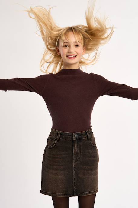 Pull en maille, col rond - fille Chocolate+Noir 4 - vertbaudet enfant 