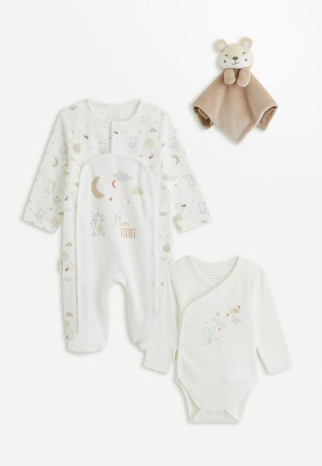 Kit naissance 3 pièces pyjama, body et doudou bébé eliah Ecru 1 - vertbaudet enfant 