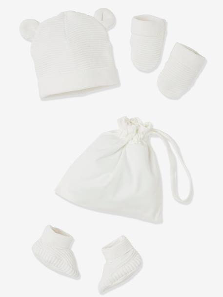 Idées cadeaux bébés et enfants-Bébé-Accessoires-Bonnet, écharpe, gants-Ensemble bonnet, moufles et chaussons bébé naissance et son sac assorti