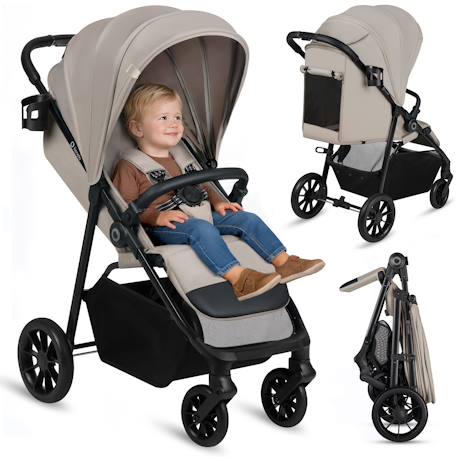 Poussette compacte emerald légère avec amortissement, pliage à une main et grand panier Beige sand+Green forest+Grey stone 1 - vertbaudet enfant 