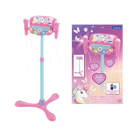 Microphone licorne sur pied ajustable lumineux avec enceinte, 2 micros et effets vocaux, fonction bluetooth Rose 1 - vertbaudet enfant 