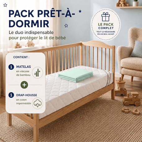 Pack matelas déhoussable bamboo + drap-housse imperméable vert Blanc 2 - vertbaudet enfant 