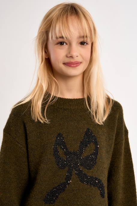 Pull en maille, motif nœud - fille Beige+Khaki 9 - vertbaudet enfant 