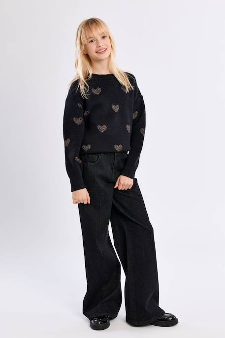 Pull en maille, imprimé cœurs - fille Noir+Rose 3 - vertbaudet enfant 