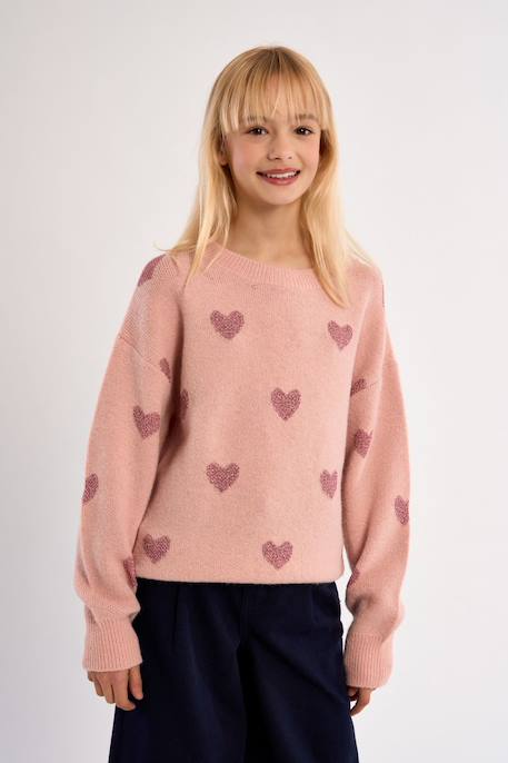 Pull en maille, imprimé cœurs - fille Noir+Rose 7 - vertbaudet enfant 