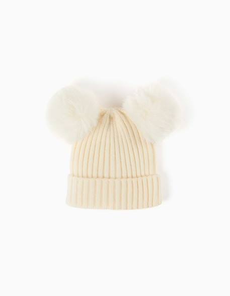 Béguin en maille côtelée avec pompons Blanc 1 - vertbaudet enfant 