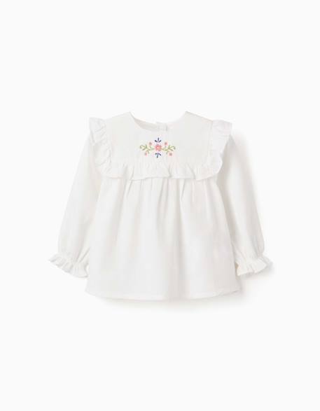 Blouse en coton à manches longues avec volants et fleurs Blanc 1 - vertbaudet enfant 