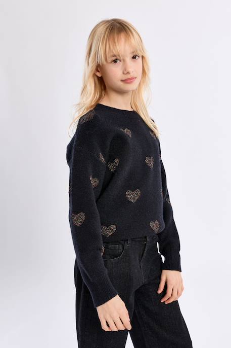 Pull en maille, imprimé cœurs - fille Noir+Rose 1 - vertbaudet enfant 