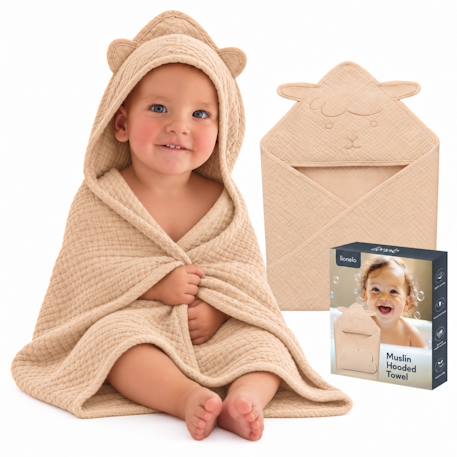 Serviette de bain à capuche muslin hooded towel 80 x 80 cm en mousseline 100 % coton, douce et absorbante Beige sand+Green forest+Grey sky+Pink baby 1 - vertbaudet enfant 