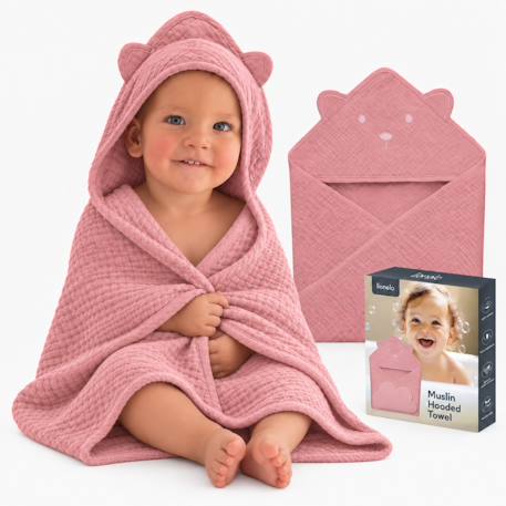 Serviette de bain à capuche muslin hooded towel 80 x 80 cm en mousseline 100 % coton, douce et absorbante Beige sand+Green forest+Grey sky+Pink baby 19 - vertbaudet enfant 