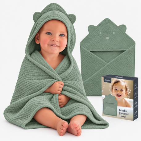 Serviette de bain à capuche muslin hooded towel 80 x 80 cm en mousseline 100 % coton, douce et absorbante Beige sand+Green forest+Grey sky+Pink baby 7 - vertbaudet enfant 