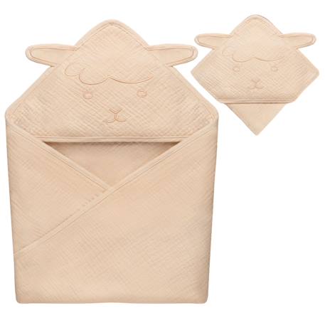Serviette de bain à capuche muslin hooded towel 80 x 80 cm en mousseline 100 % coton, douce et absorbante Beige sand+Green forest+Grey sky+Pink baby 2 - vertbaudet enfant 