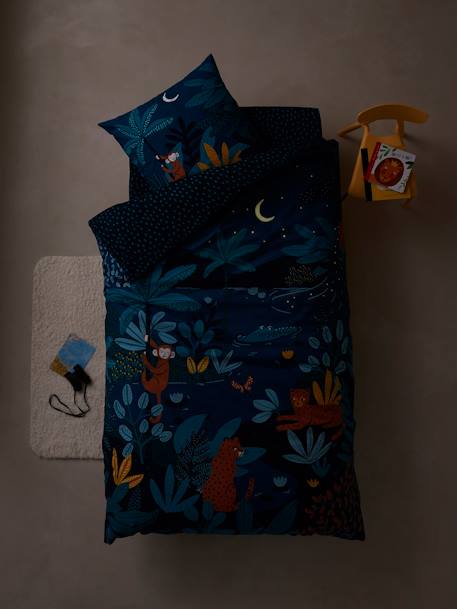 Parure housse de couette enfant et taie d'oreiller JUNGLE NIGHT bleu / multicolore 4 - vertbaudet enfant 