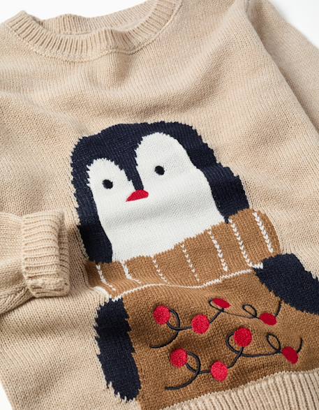 Pull en maille avec pingouin jacquard Beige+Rouge 3 - vertbaudet enfant 