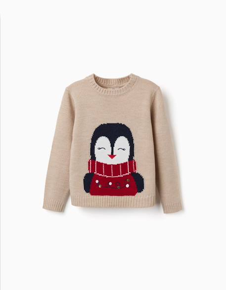 Pull en maille avec pingouin jacquard Beige+Rouge 1 - vertbaudet enfant 