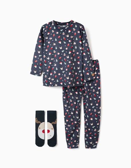 Pyjama + chaussettes antidérapantes avec motif de noël Bleu foncé 1 - vertbaudet enfant 