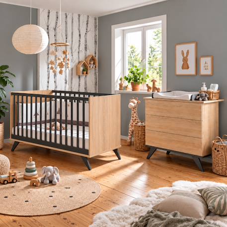 Chambre bébé duo: lit bébé 70x140 évolutif  et commode à langer décor chêne doré - new york Marron/gris 1 - vertbaudet enfant 