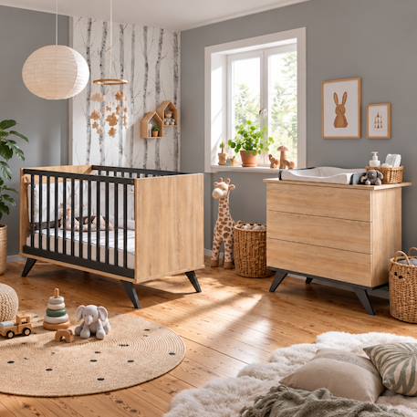 Chambre bébé duo: lit bébé 60x120 et commode à langer décor chêne doré - new york Marron/gris 1 - vertbaudet enfant 