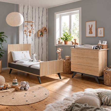 Chambre bébé duo: lit bébé 70x140 évolutif  et commode à langer décor chêne doré - new york Marron/gris 2 - vertbaudet enfant 