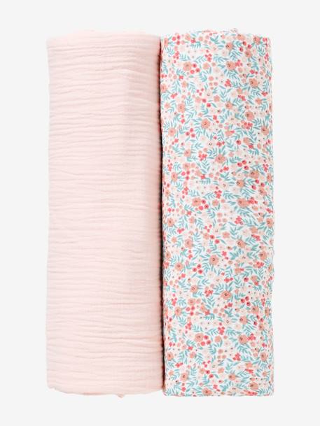 Lot de 2 maxi langes 120x120 cm pour emmaillotage marine/blanc+rose/fleurs 7 - vertbaudet enfant 