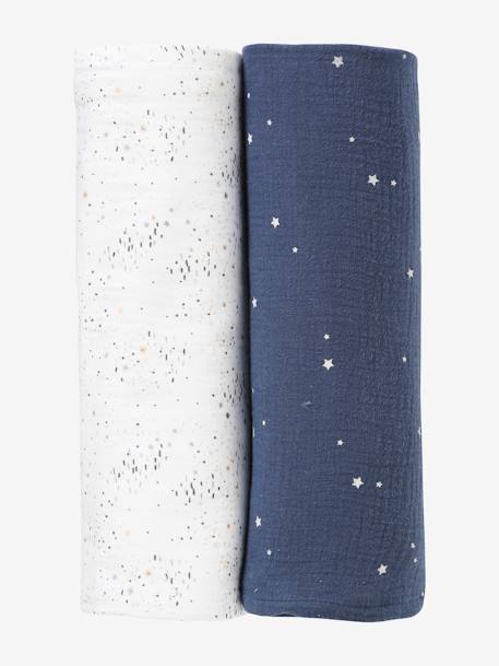 Lot de 2 maxi langes 120x120 cm pour emmaillotage marine/blanc+rose/fleurs 1 - vertbaudet enfant 