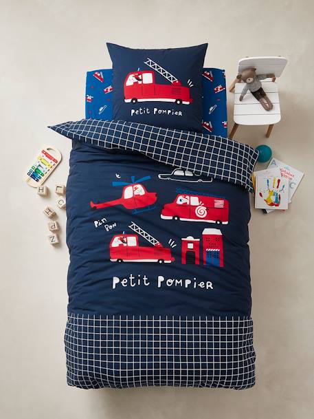 Parure housse de couette enfant et taie d'oreiller PETIT POMPIER bleu foncé 1 - vertbaudet enfant 