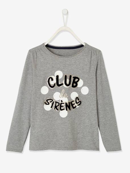 T-shirt fille 'club des sirènes' détails fantaisie manches longues gris clair chiné 1 - vertbaudet enfant 