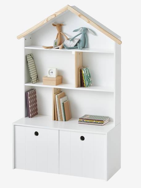 Étagère Bibliothèque "Maison" Enfant VERTBAUDET - Blanc/Bois, 4 Niveaux + Coffre à Roulettes