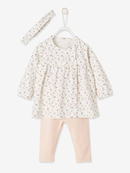 Ensemble bébé naissance 3 pièces bandeau, robe à motifs et legging nude imprimé+rose poudré 2 - vertbaudet enfant 