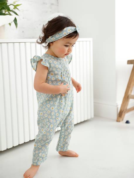 Ensemble bébé fille combinaison + bandeau imprimés rose imprimé+rose pâle+rose poudré+vert céladon imprimé 25 - vertbaudet enfant 