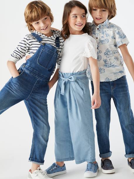 Pantacourt fille large en denim léger style 'paperbag' bleu moyen+double stone 7 - vertbaudet enfant 