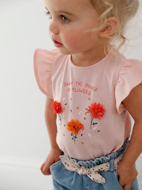 T-shirt bébé fleurs en relief rose grisé+vanille 1 - vertbaudet enfant 