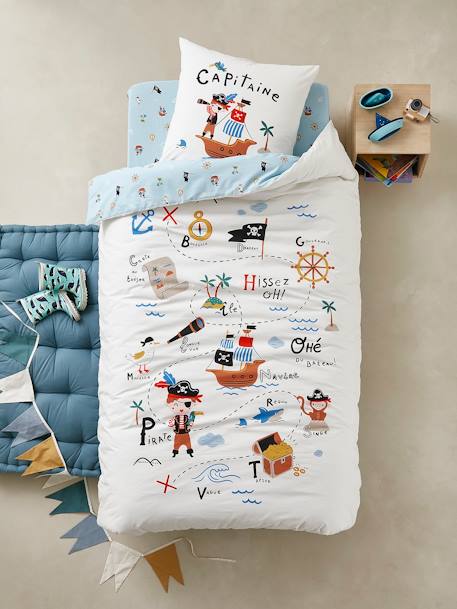 Parure housse de couette enfant et taie d'oreiller P COMME PIRATE écru / bleu 1 - vertbaudet enfant 