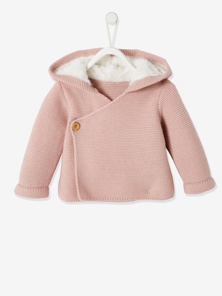 Cardigan avec capuche doublée fausse fourrure bébé beige+céladon foncé+rose pale 8 - vertbaudet enfant 