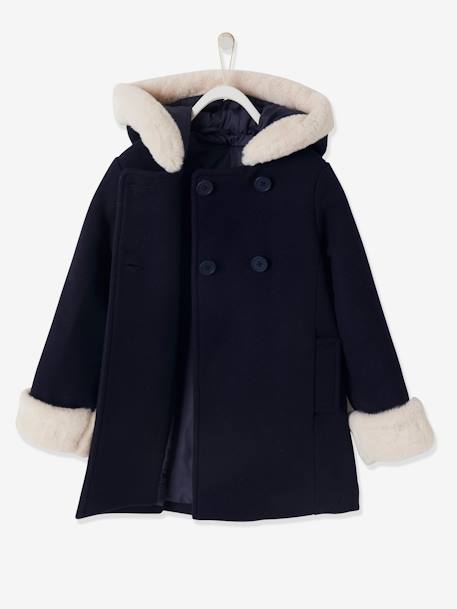 Manteau à capuche en drap de laine fille garnissage en polyester recyclé bleu marine+vieux rose 2 - vertbaudet enfant 