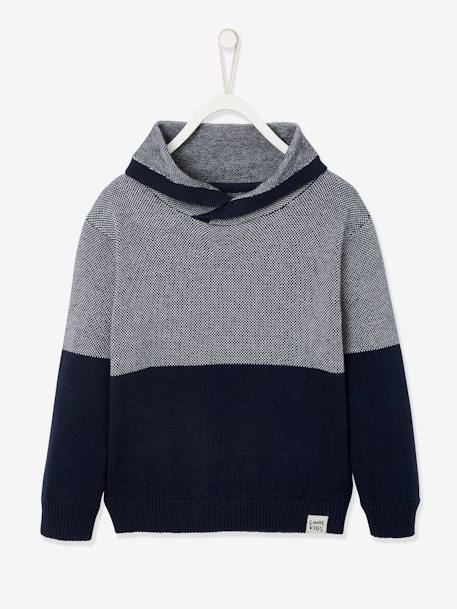 Pull garçon col croisé maille fantaisie effet color block encre+Noisette 1 - vertbaudet enfant 